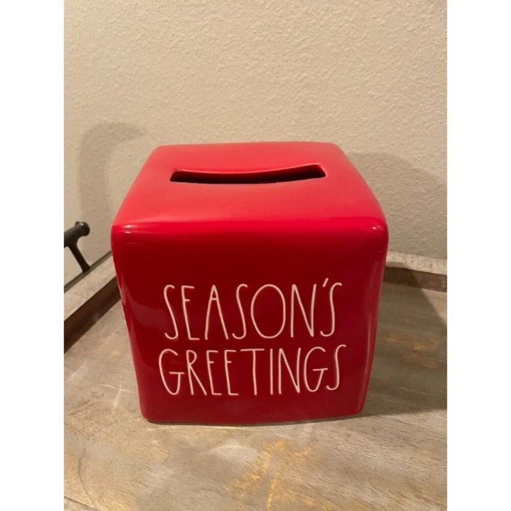 RAE DUNN Ceramic Seasons Greetings Red Tissue Box Holder